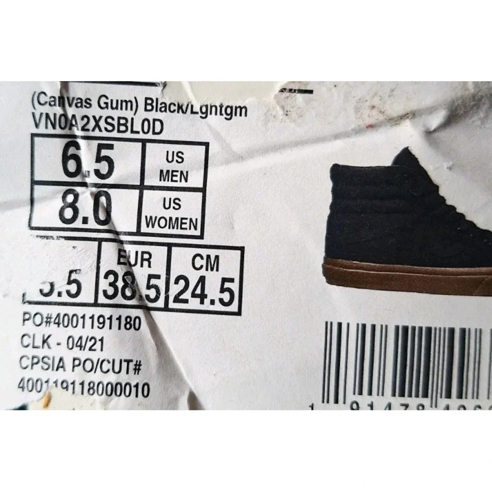 Vans Sk8-Hi Reissue Canvas Black Gum Mens Sz 6.5 Womens Sz 8 Skate Shoes Rare